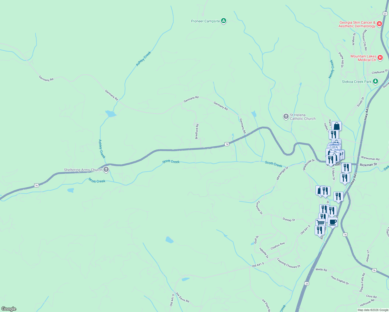 map of restaurants, bars, coffee shops, grocery stores, and more near 118 Kastner Drive in Clayton