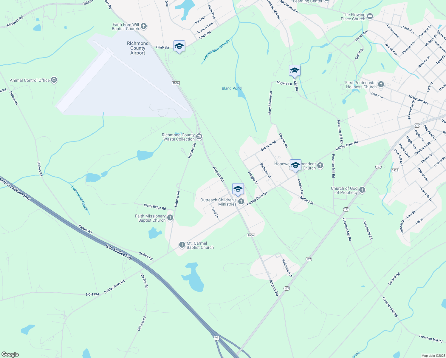 map of restaurants, bars, coffee shops, grocery stores, and more near 905 Airport Road in Rockingham