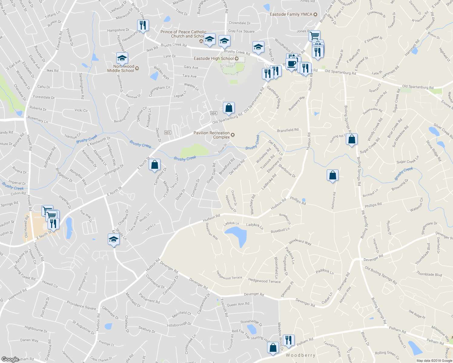 map of restaurants, bars, coffee shops, grocery stores, and more near 206 Del Norte Road in Greenville