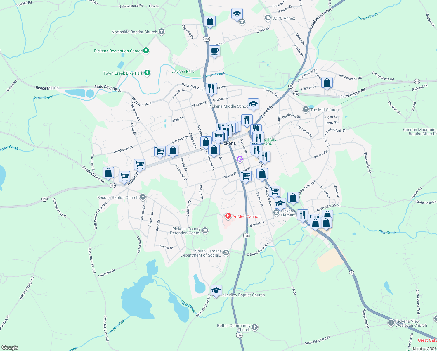 map of restaurants, bars, coffee shops, grocery stores, and more near 306 West Lee Street in Pickens