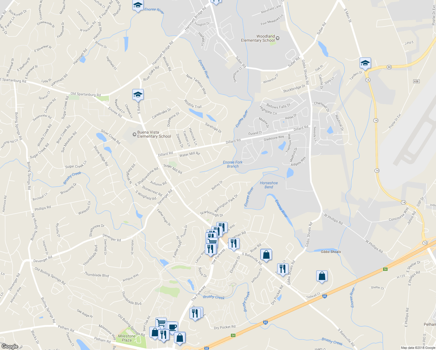 map of restaurants, bars, coffee shops, grocery stores, and more near 342 Ascot Ridge Lane in Greer