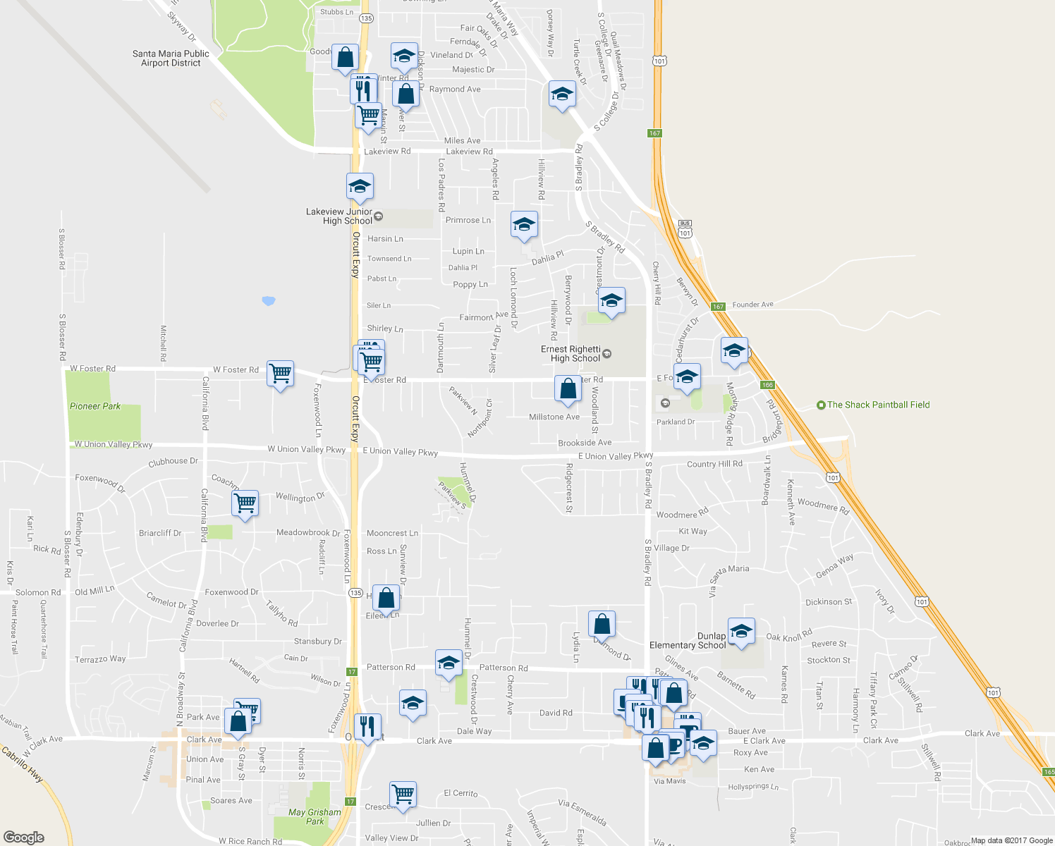 map of restaurants, bars, coffee shops, grocery stores, and more near 798 Millstone Avenue in Santa Maria