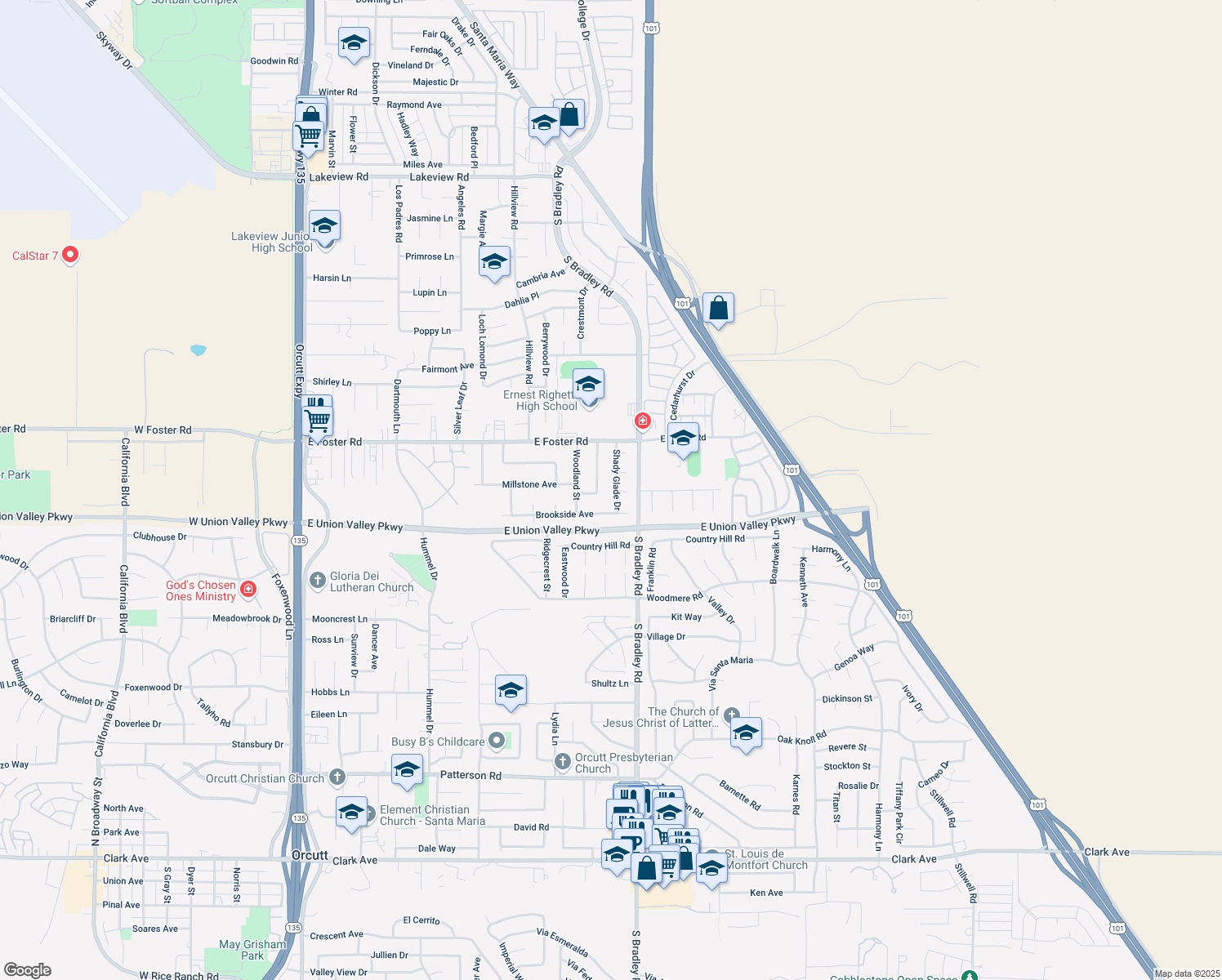 map of restaurants, bars, coffee shops, grocery stores, and more near 4191 Shady Glade Drive in Santa Maria