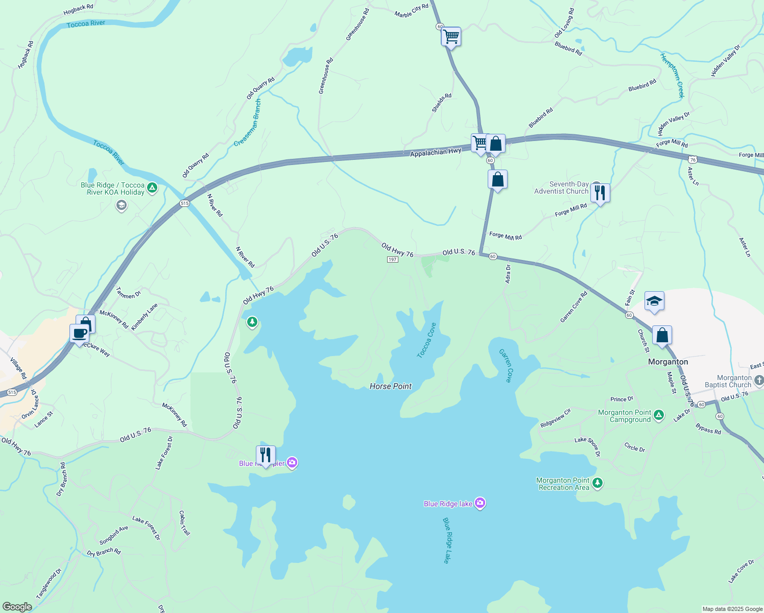 map of restaurants, bars, coffee shops, grocery stores, and more near 295 Old Toccoa Road in Morganton