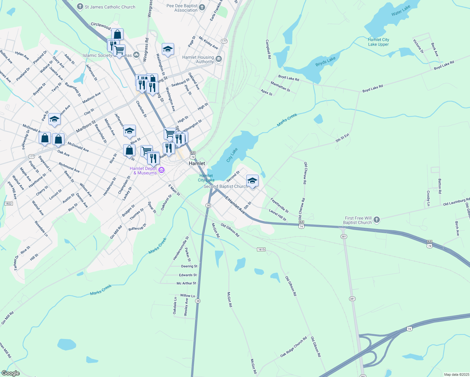 map of restaurants, bars, coffee shops, grocery stores, and more near 404 3rd St in Hamlet