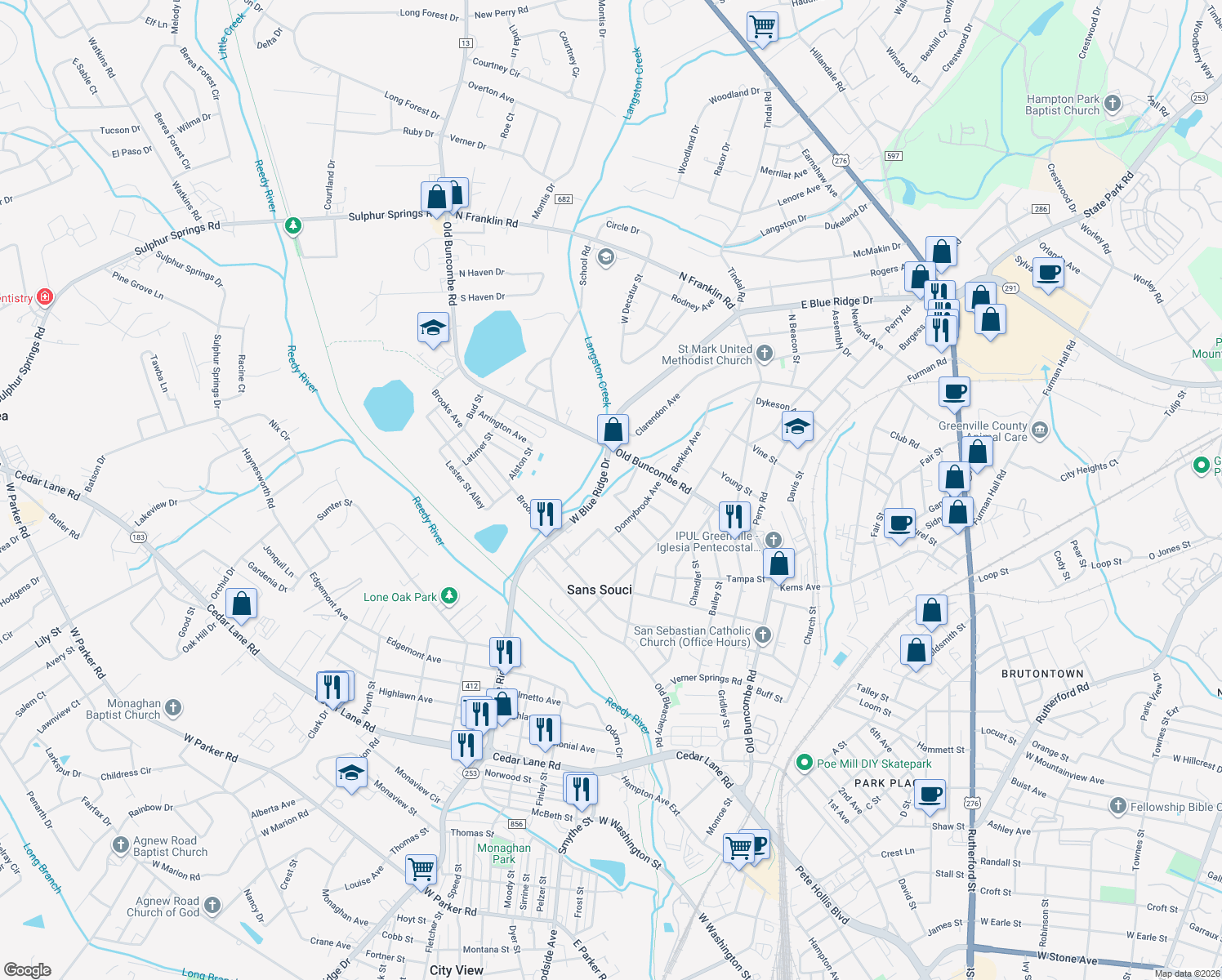 map of restaurants, bars, coffee shops, grocery stores, and more near 107 Aladdin Street in Greenville