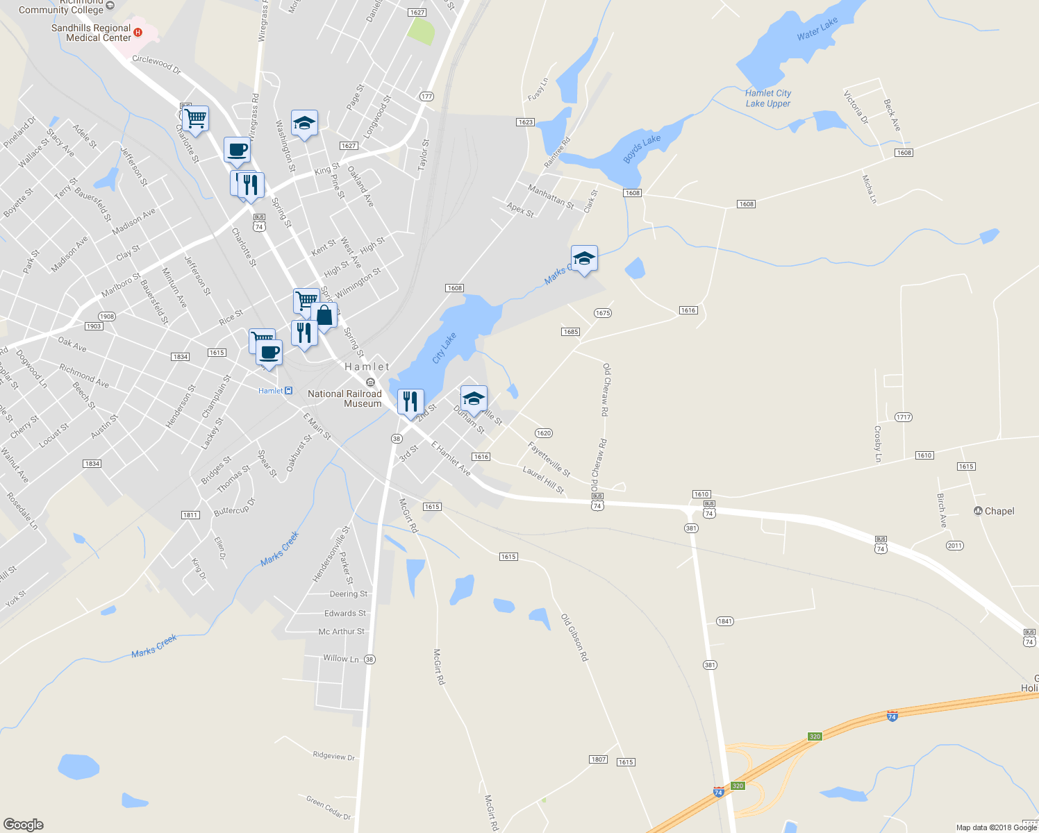 map of restaurants, bars, coffee shops, grocery stores, and more near 164 5th Street in Hamlet