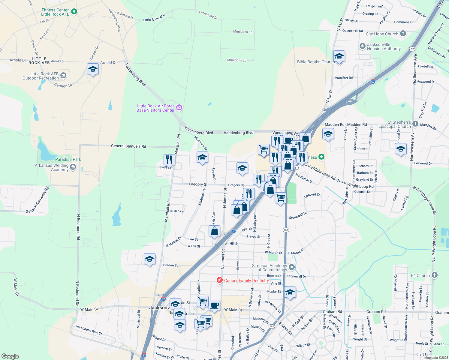 map of restaurants, bars, coffee shops, grocery stores, and more near 1720 N James St in Jacksonville