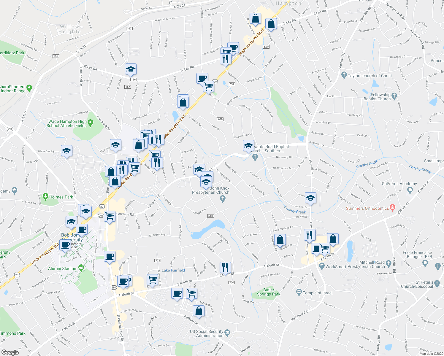 map of restaurants, bars, coffee shops, grocery stores, and more near 10 Spring Valley Road in Greenville