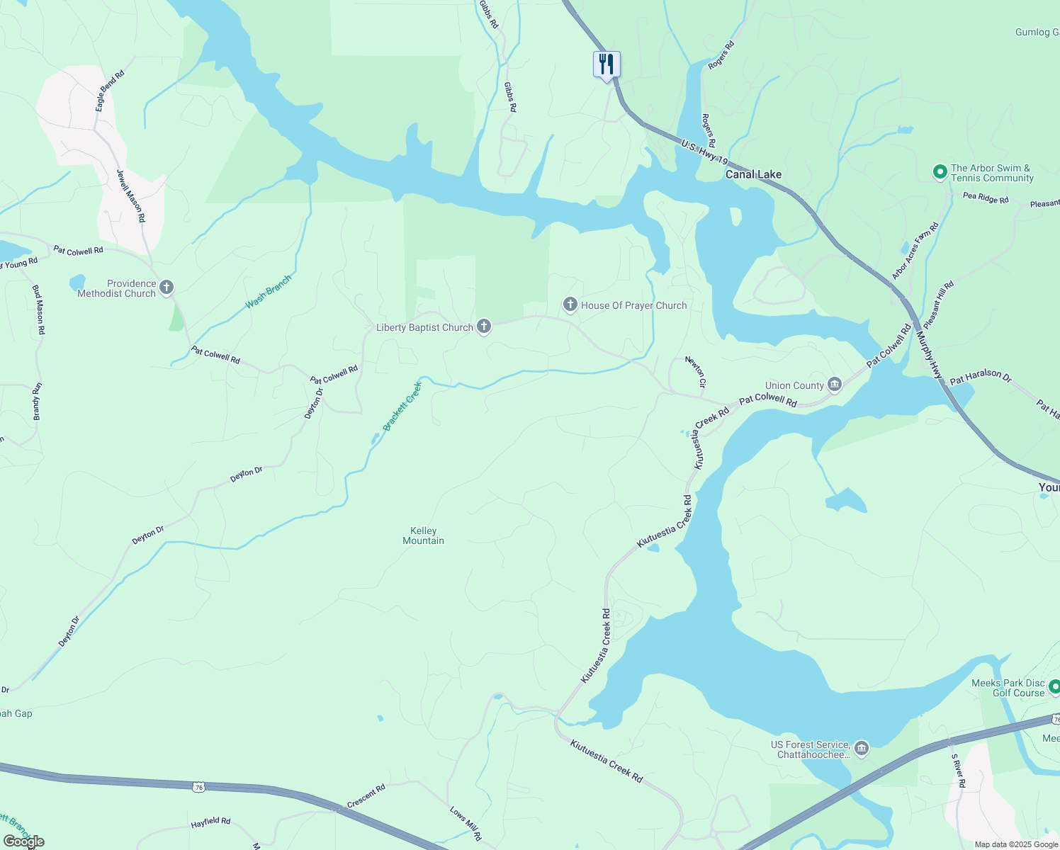 map of restaurants, bars, coffee shops, grocery stores, and more near 0 Winding Ridge in Blairsville