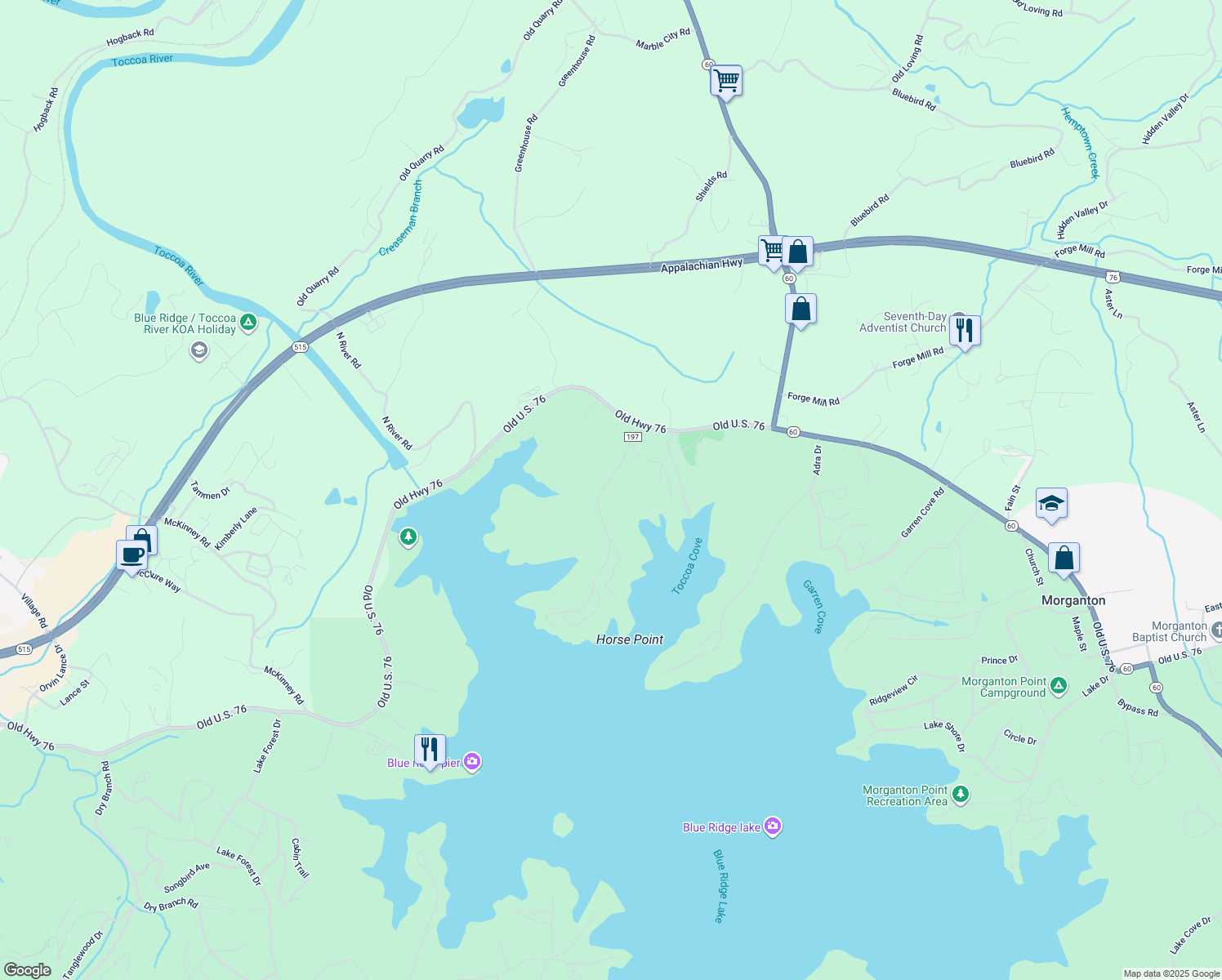 map of restaurants, bars, coffee shops, grocery stores, and more near 295 Old Toccoa Road in Morganton