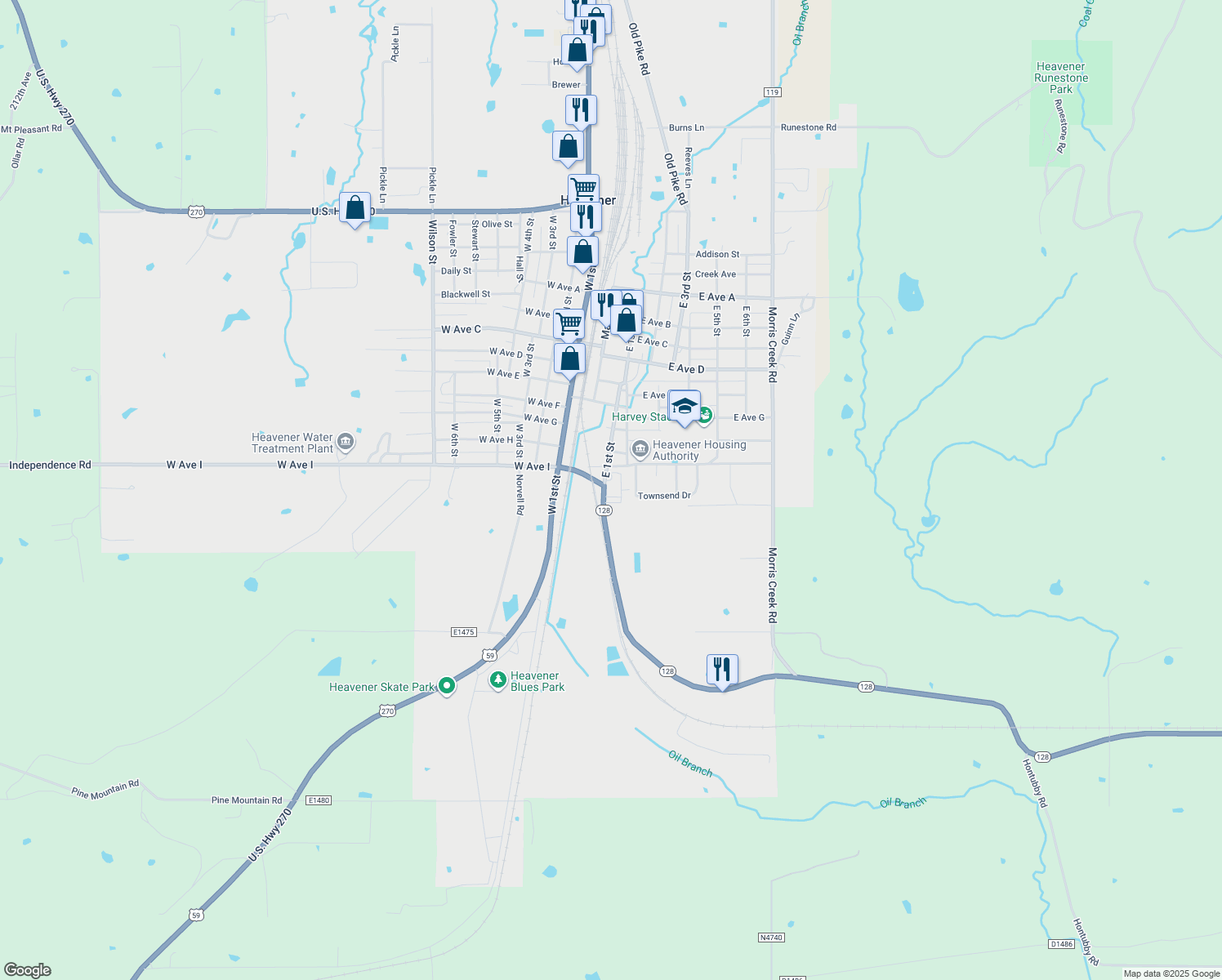 map of restaurants, bars, coffee shops, grocery stores, and more near 104 Oklahoma 128 in Heavener