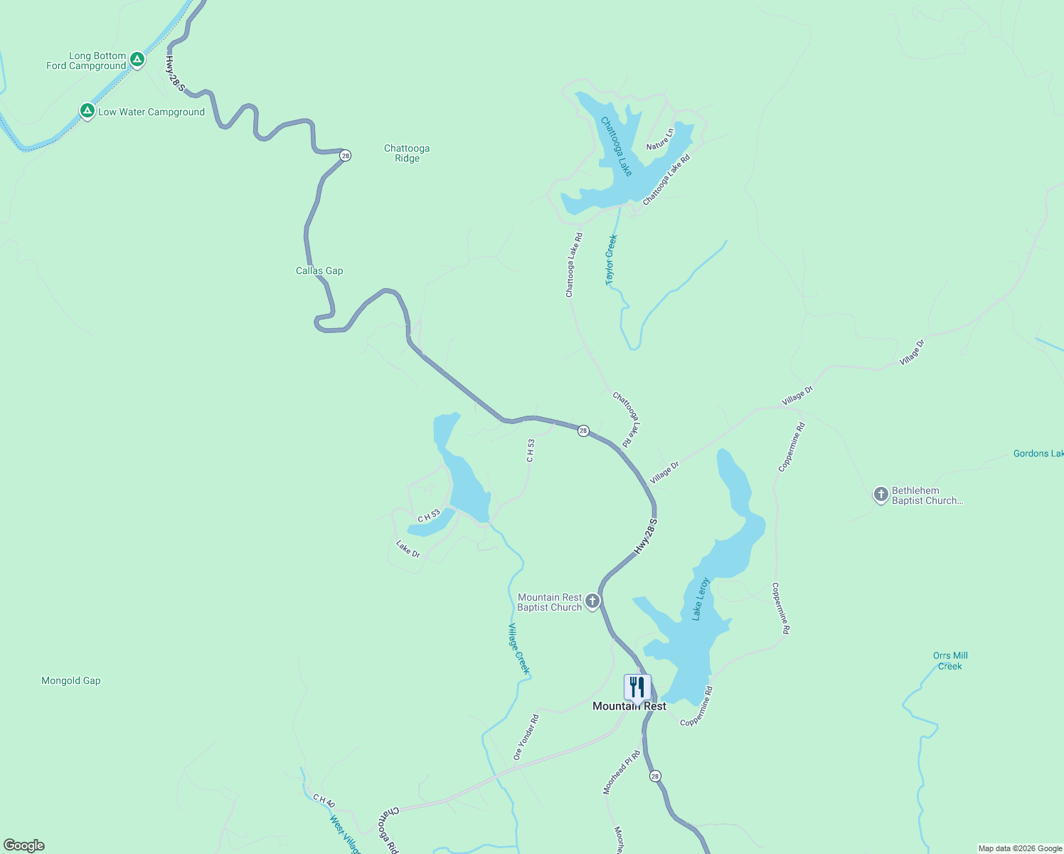 map of restaurants, bars, coffee shops, grocery stores, and more near 130 Mountain Rest Lake Road in Mountain Rest