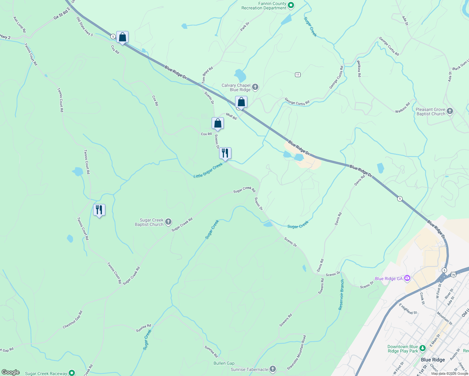 map of restaurants, bars, coffee shops, grocery stores, and more near 162 Sugar Creek Road in Blue Ridge
