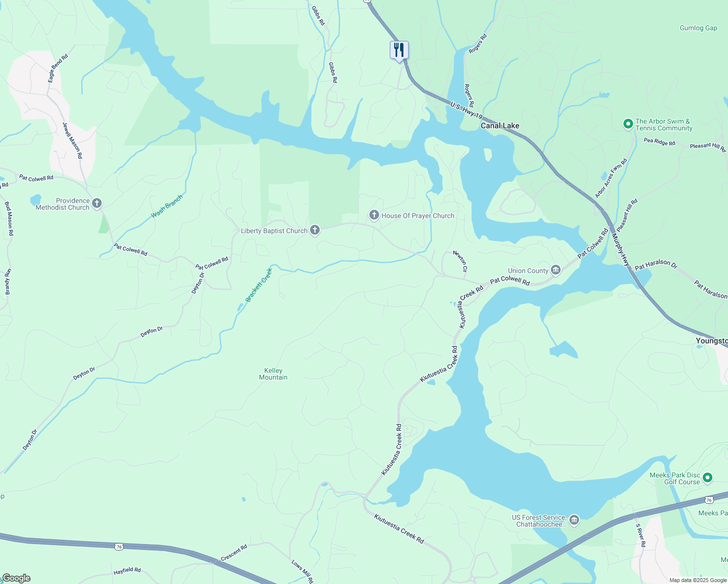 map of restaurants, bars, coffee shops, grocery stores, and more near 0 Winding Ridge in Blairsville