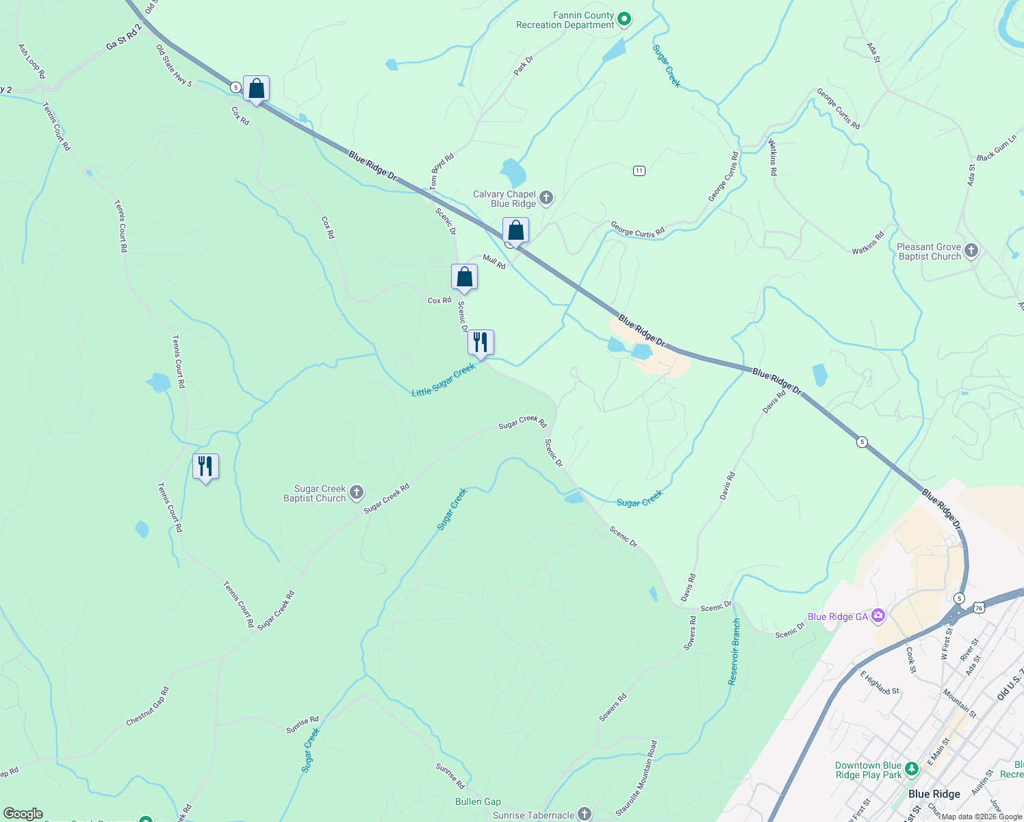 map of restaurants, bars, coffee shops, grocery stores, and more near 162 Sugar Creek Road in Blue Ridge