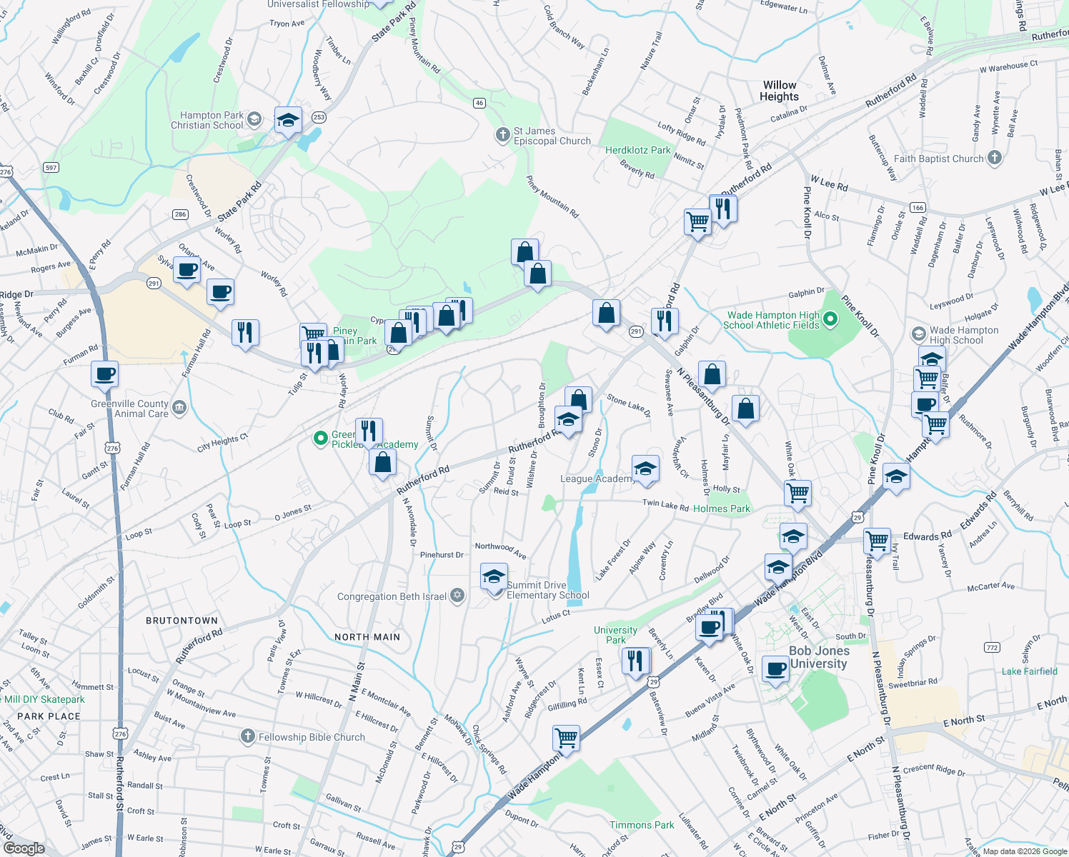 map of restaurants, bars, coffee shops, grocery stores, and more near 9 Broughton Drive in Greenville