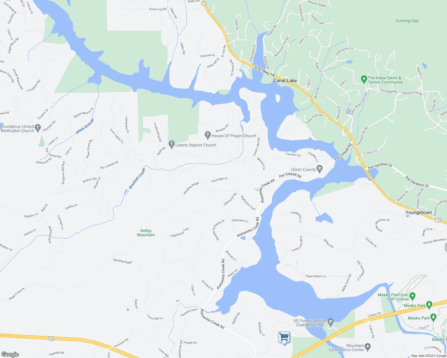 map of restaurants, bars, coffee shops, grocery stores, and more near 182 Eastridge Court in Blairsville