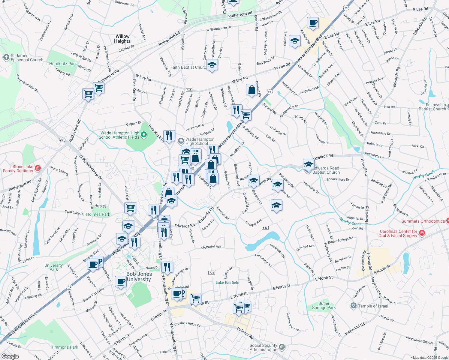 map of restaurants, bars, coffee shops, grocery stores, and more near 11 Burgundy Drive in Greenville