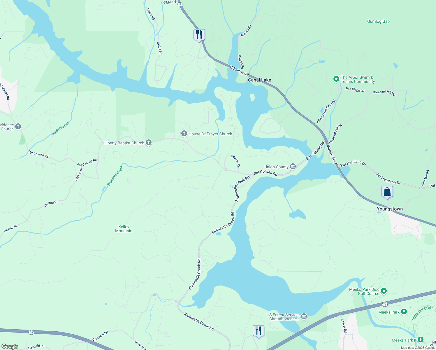 map of restaurants, bars, coffee shops, grocery stores, and more near Eastridge Court in Union County