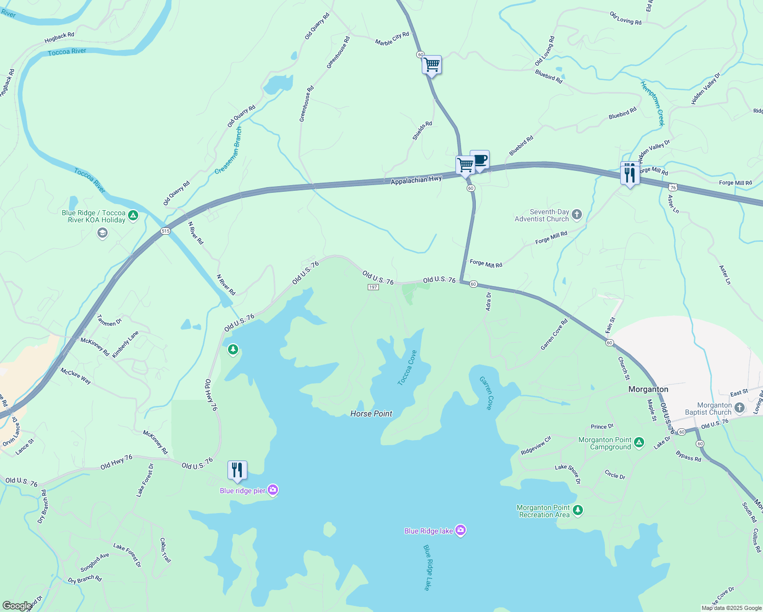map of restaurants, bars, coffee shops, grocery stores, and more near 68 Mallard Point Road in Morganton
