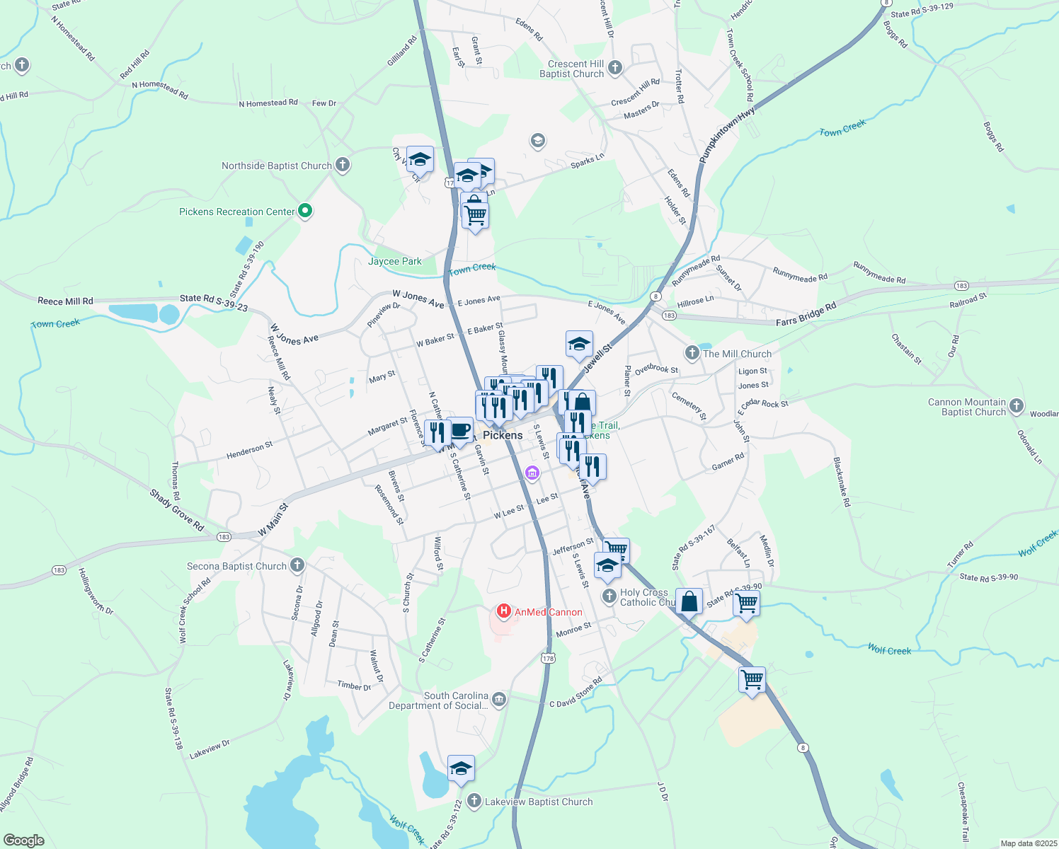 map of restaurants, bars, coffee shops, grocery stores, and more near 334 E Main St in Pickens