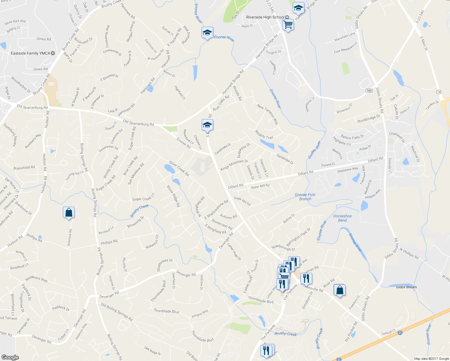 map of restaurants, bars, coffee shops, grocery stores, and more near 411 S-23-312 in Greer