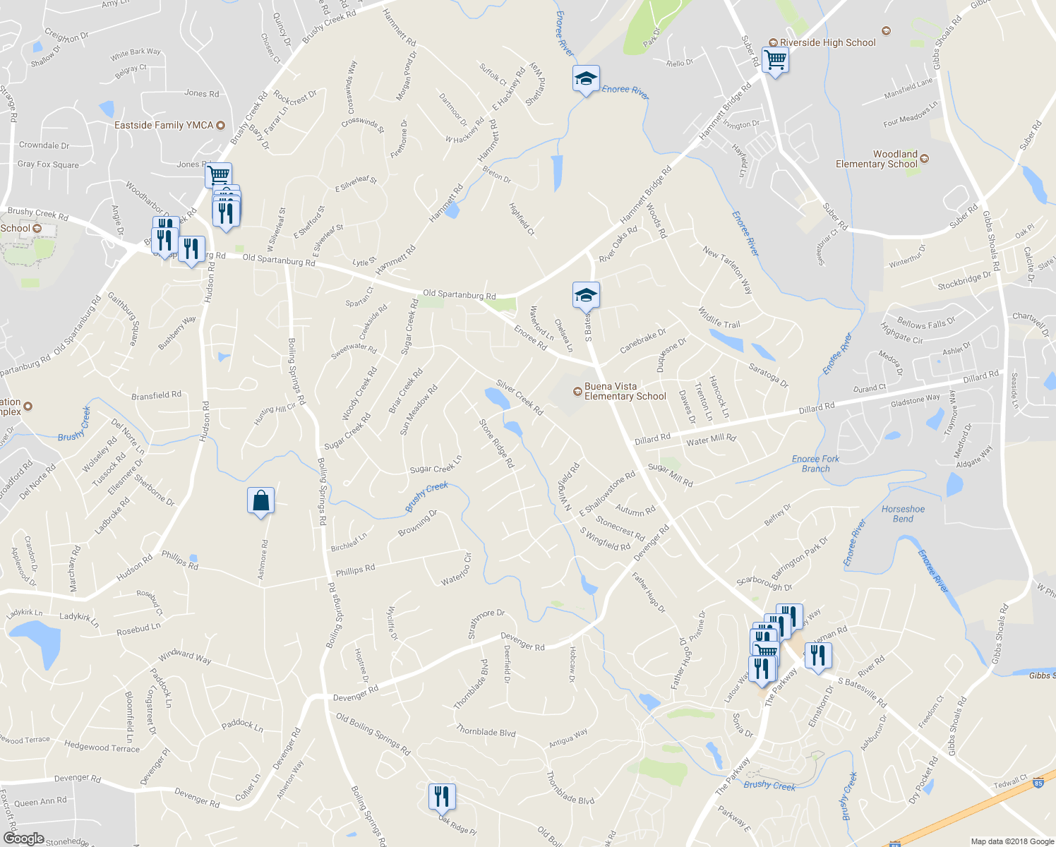map of restaurants, bars, coffee shops, grocery stores, and more near 104 Lake Water Court in Greer