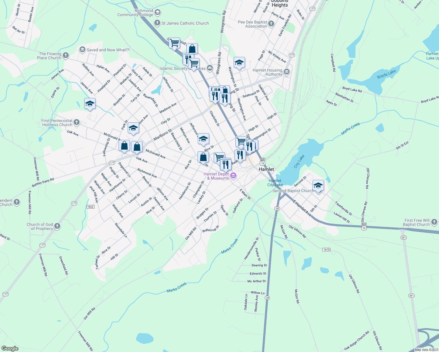 map of restaurants, bars, coffee shops, grocery stores, and more near 57 Main Street in Hamlet