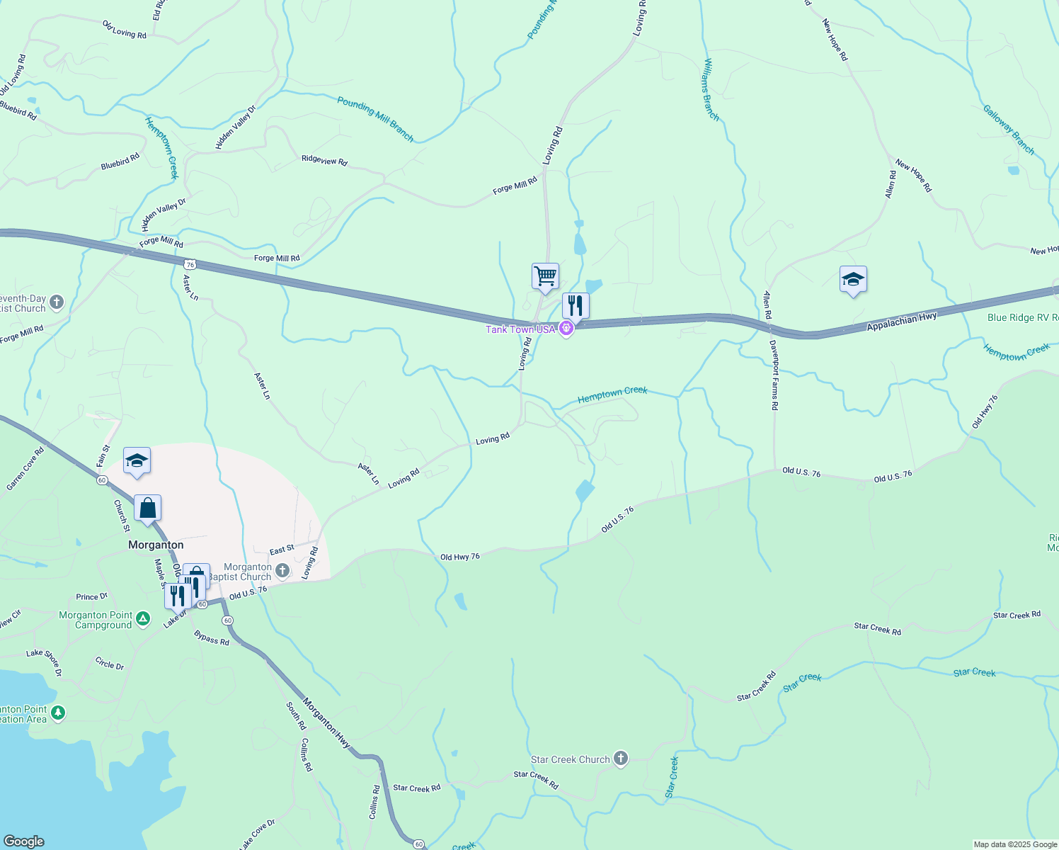 map of restaurants, bars, coffee shops, grocery stores, and more near Loving Road in Morganton
