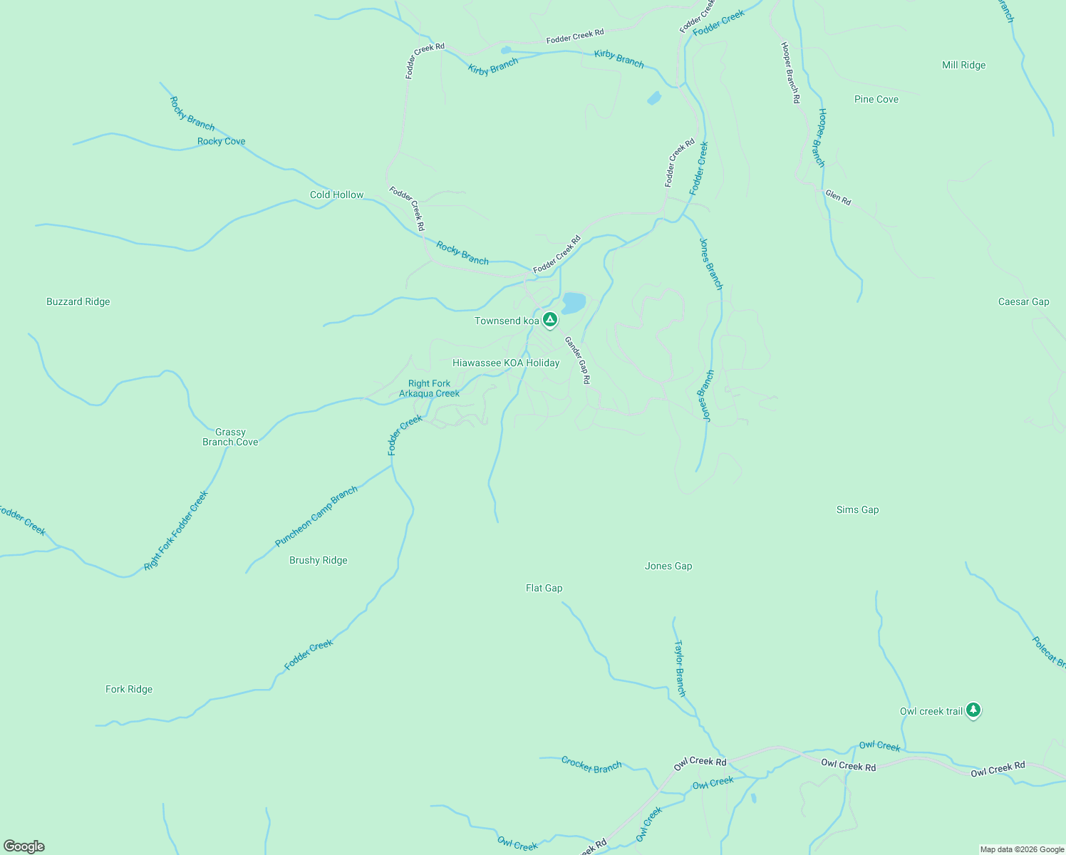 map of restaurants, bars, coffee shops, grocery stores, and more near 4473 Rock Creek Road in Hiawassee