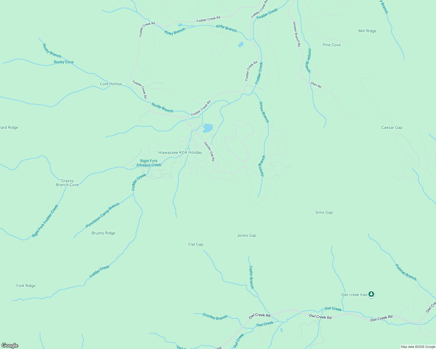 map of restaurants, bars, coffee shops, grocery stores, and more near 4450 Sawbrier Circle in Hiawassee