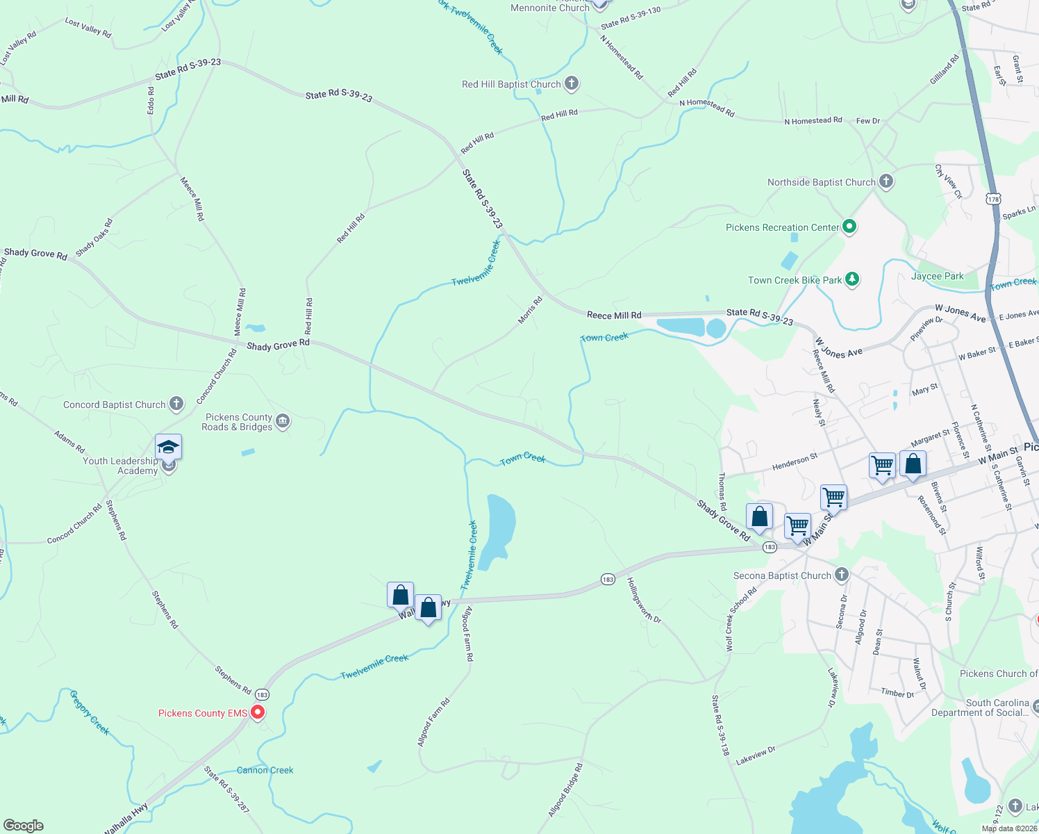 map of restaurants, bars, coffee shops, grocery stores, and more near 111 Shady Grove Estates in Pickens