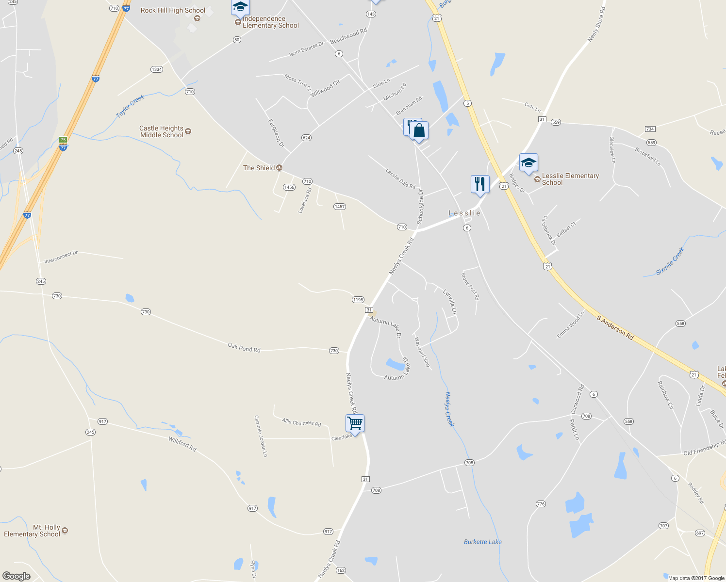map of restaurants, bars, coffee shops, grocery stores, and more near 2860 Faile Road in Rock Hill