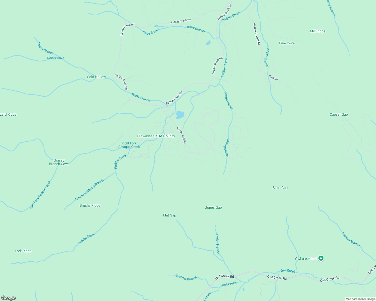 map of restaurants, bars, coffee shops, grocery stores, and more near 4450 Sawbrier Circle in Hiawassee