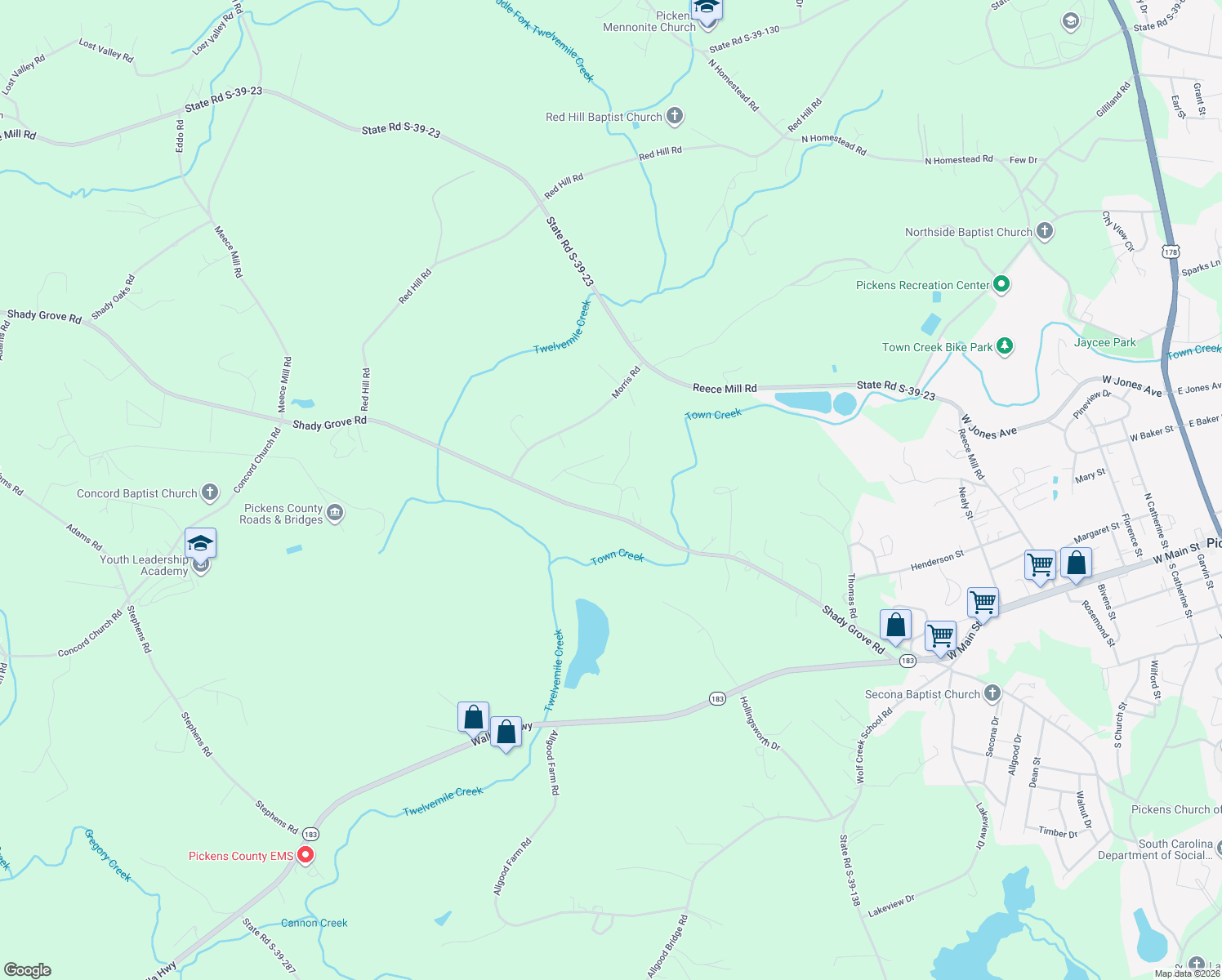 map of restaurants, bars, coffee shops, grocery stores, and more near 111 Shady Grove Estates in Pickens