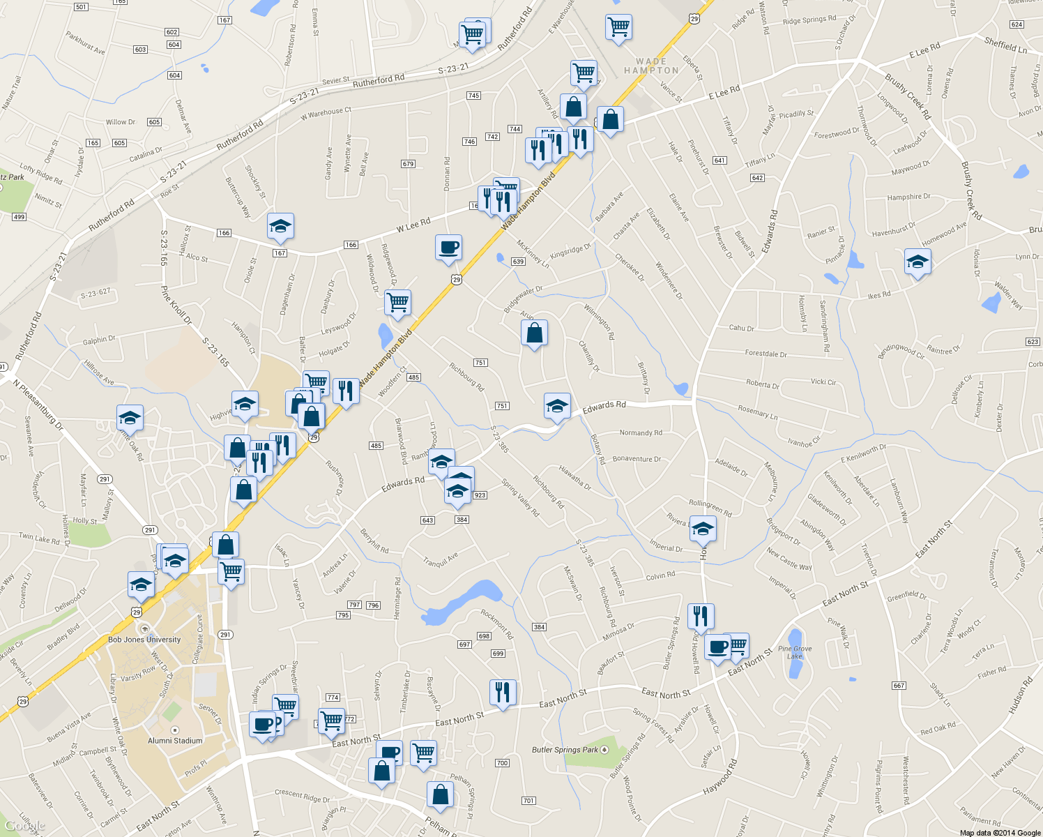 map of restaurants, bars, coffee shops, grocery stores, and more near 1009 Edwards Road in Greenville