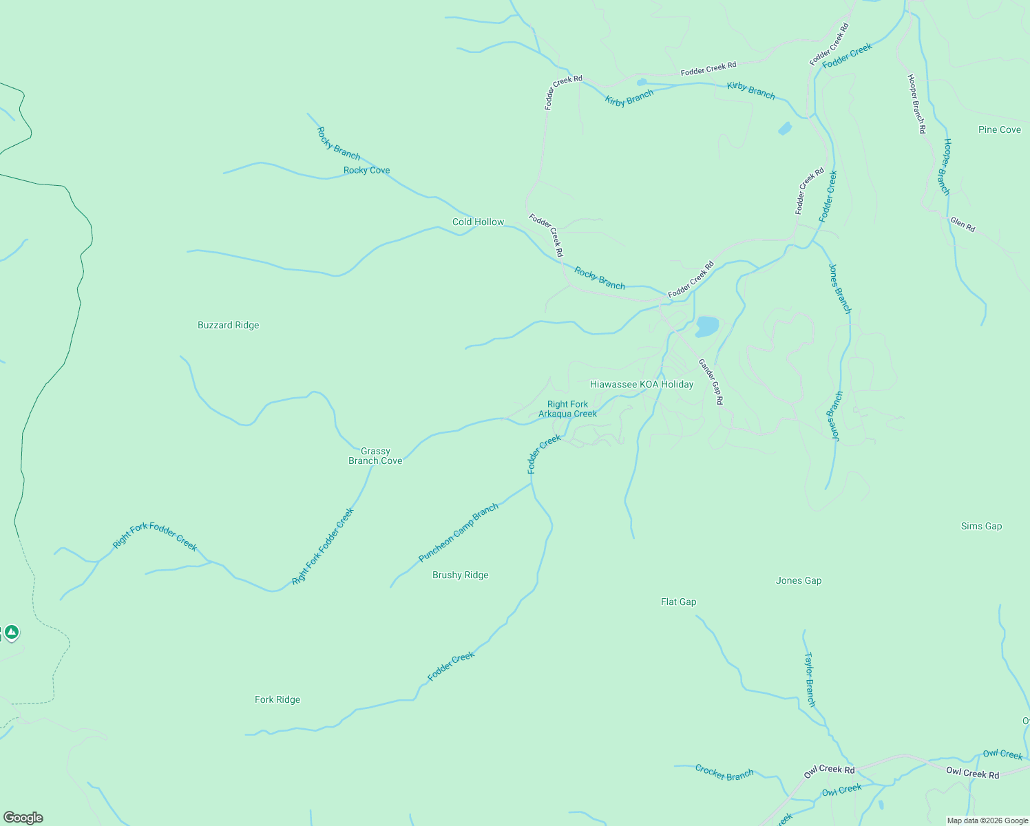 map of restaurants, bars, coffee shops, grocery stores, and more near 1558 Creek Road in Hiawassee