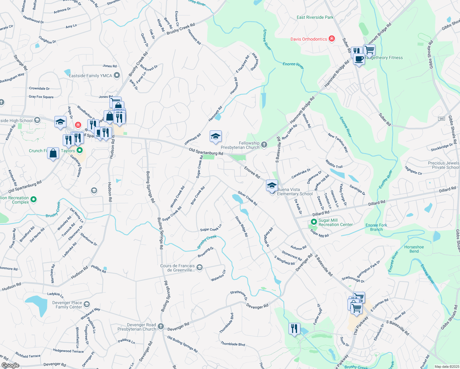 map of restaurants, bars, coffee shops, grocery stores, and more near 215 Silver Creek Road in Greer