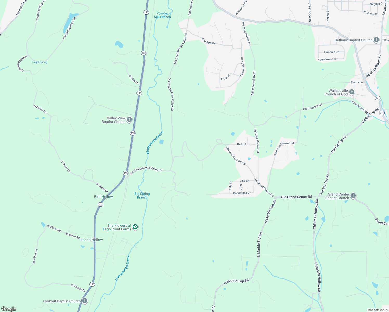 map of restaurants, bars, coffee shops, grocery stores, and more near 741 Old Grand Center Road in Chickamauga