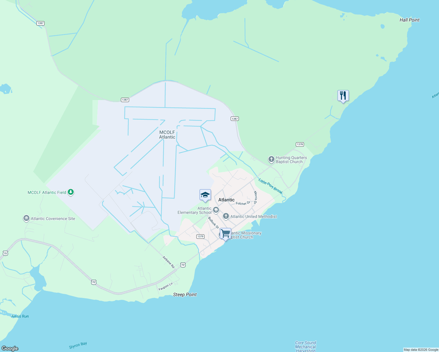 map of restaurants, bars, coffee shops, grocery stores, and more near Seafood Lane in Atlantic