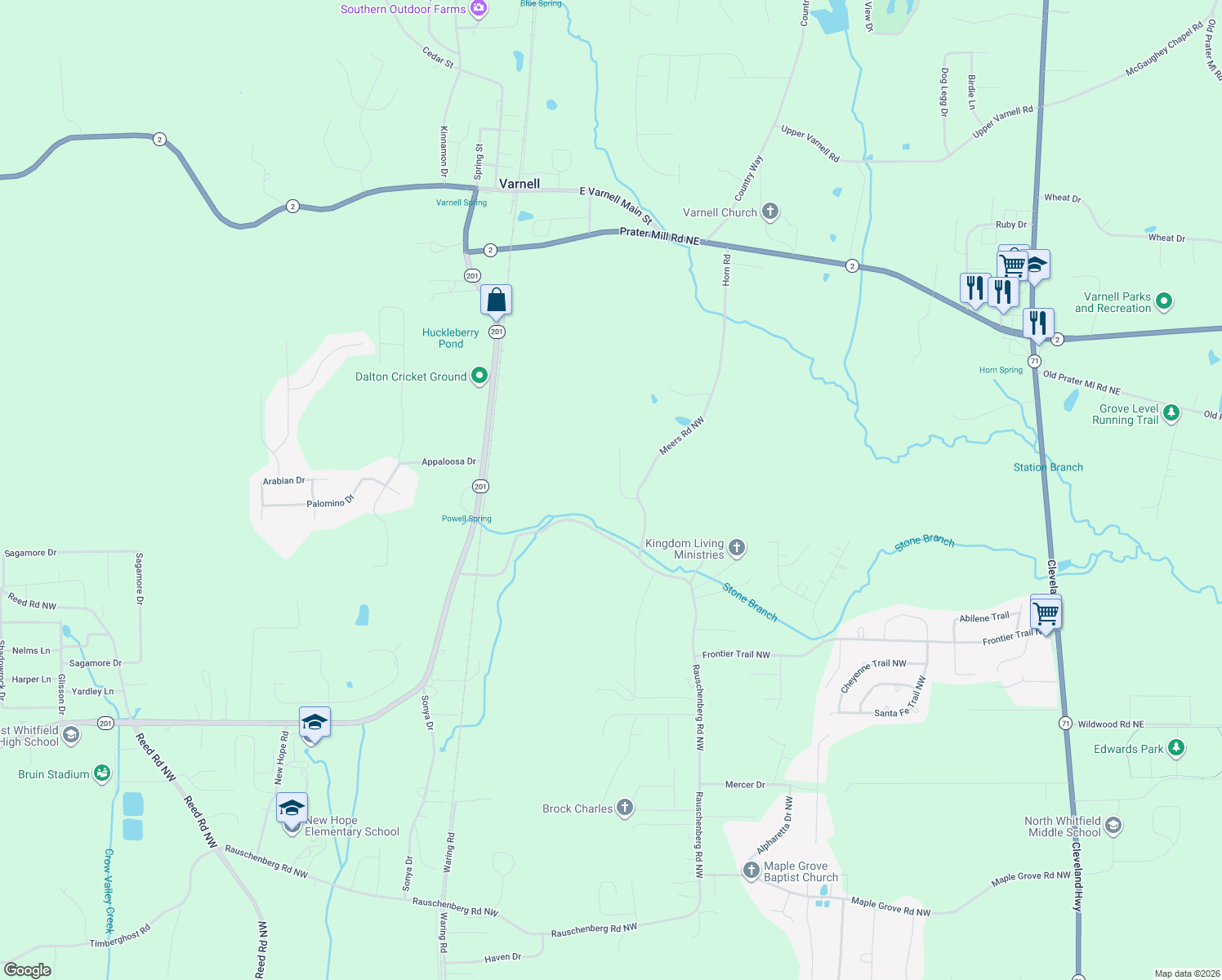 map of restaurants, bars, coffee shops, grocery stores, and more near 1055 Durham Street in Dalton