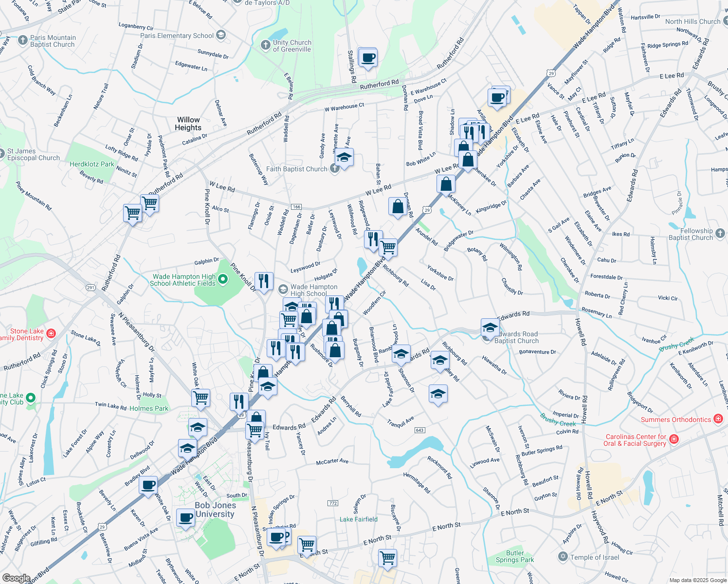map of restaurants, bars, coffee shops, grocery stores, and more near 2206 Wade Hampton Boulevard in Greenville