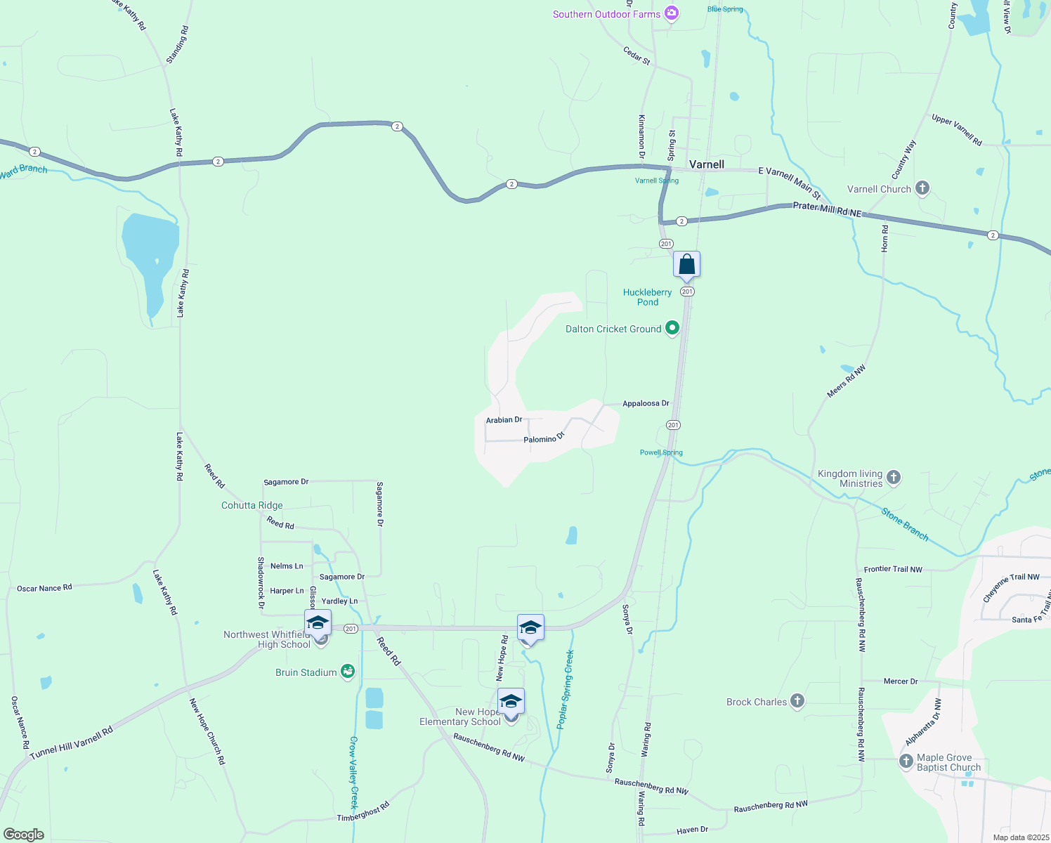 map of restaurants, bars, coffee shops, grocery stores, and more near Arabian Drive in Whitfield County