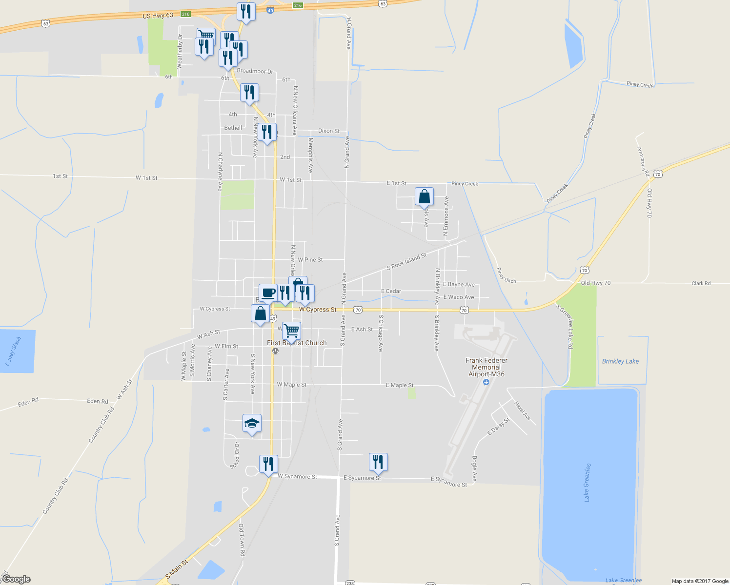 map of restaurants, bars, coffee shops, grocery stores, and more near 102 East Cedar Street in Brinkley