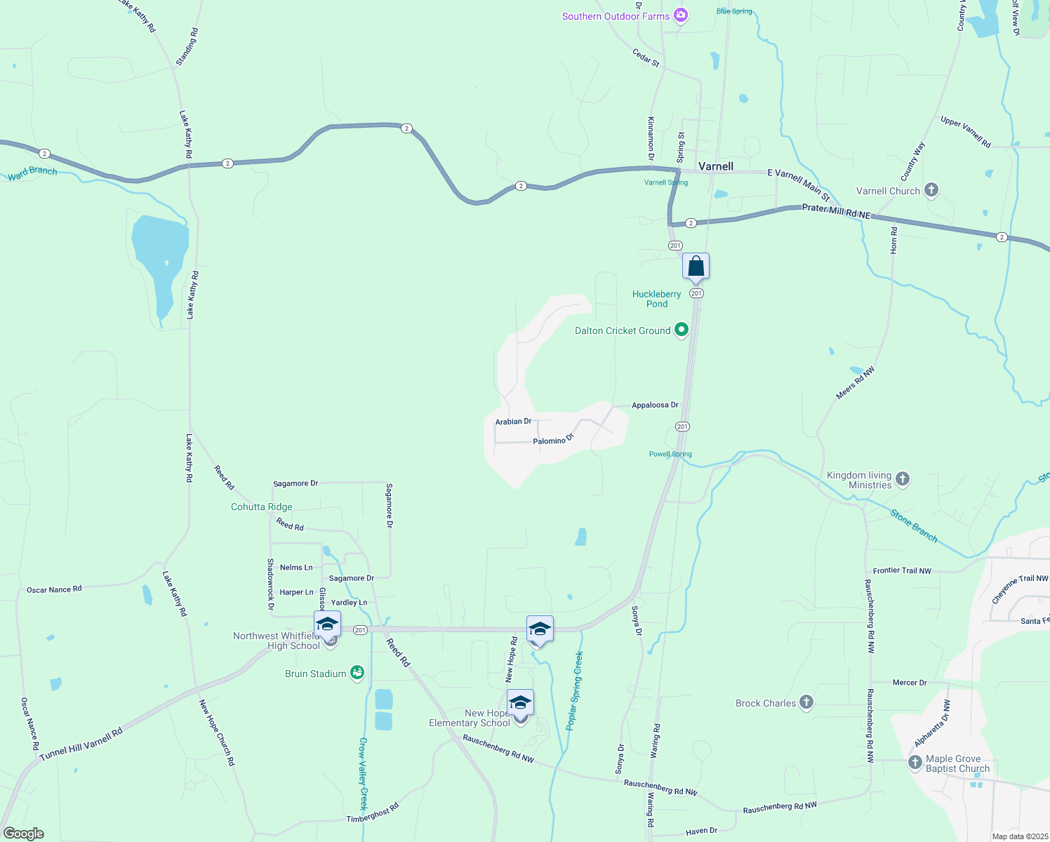 map of restaurants, bars, coffee shops, grocery stores, and more near Arabian Drive in Whitfield County