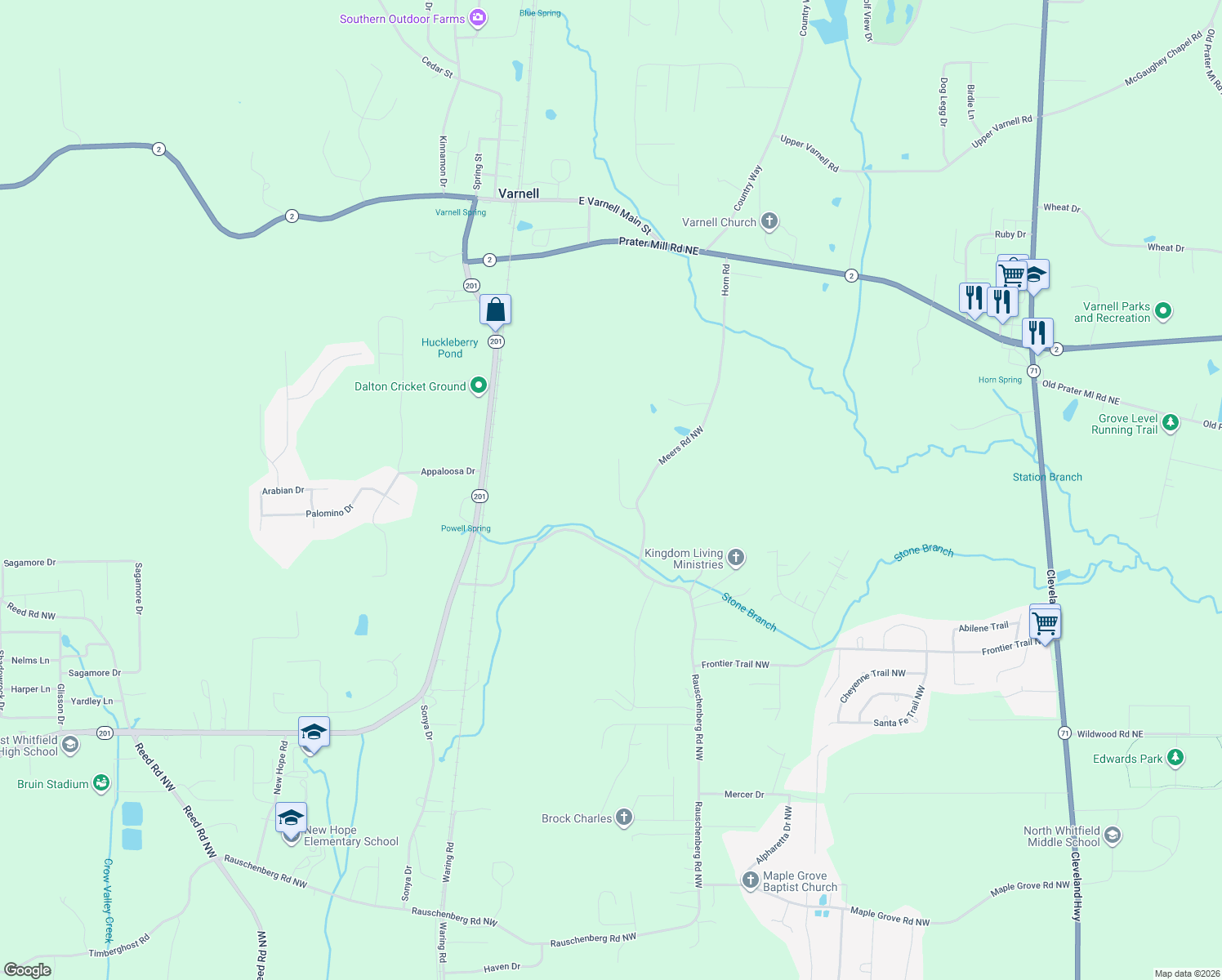 map of restaurants, bars, coffee shops, grocery stores, and more near 1055 Durham Street in Dalton