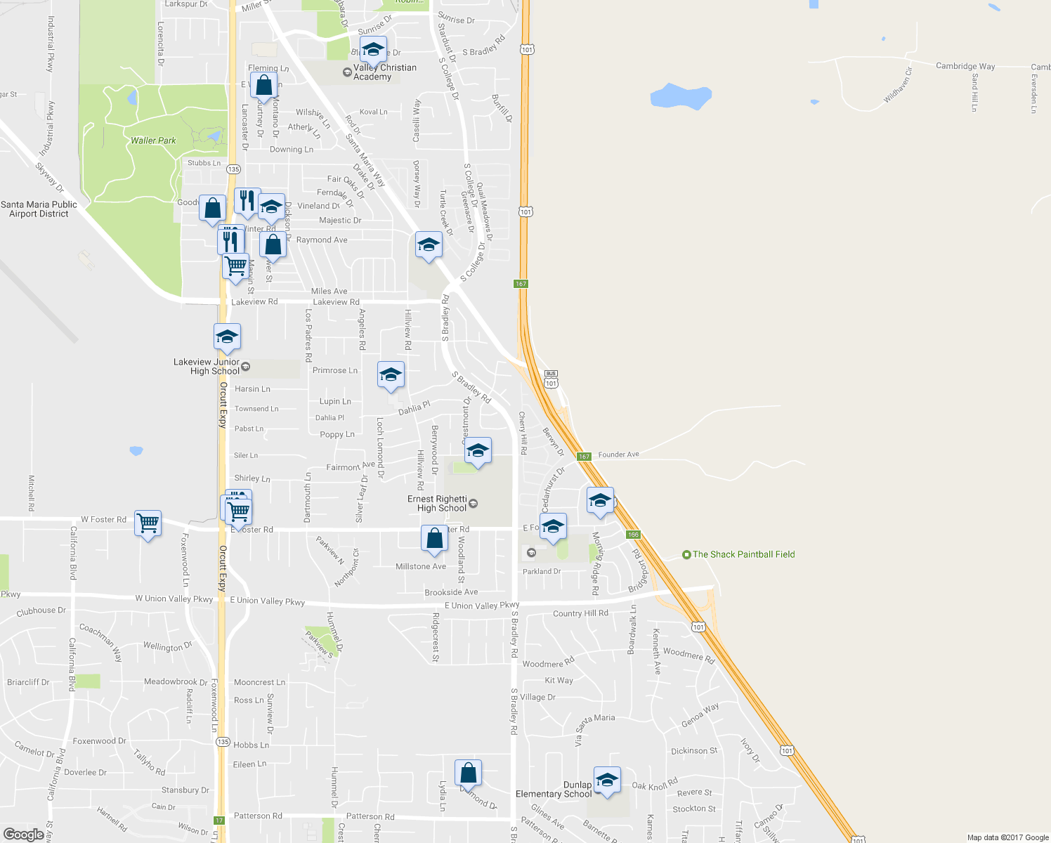 map of restaurants, bars, coffee shops, grocery stores, and more near 3884 Cherry Hill Road in Santa Maria