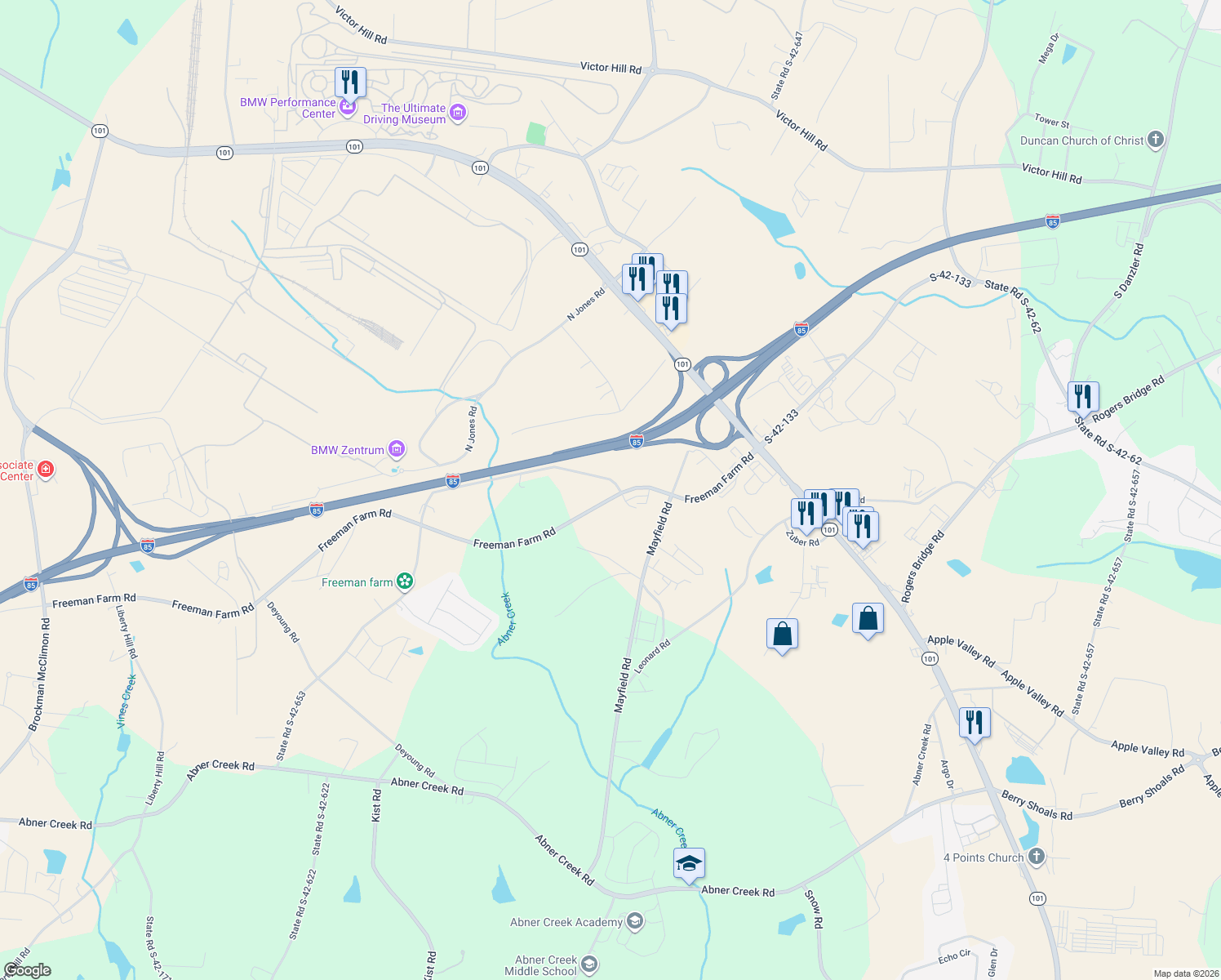 map of restaurants, bars, coffee shops, grocery stores, and more near 210 Freeman Farm Road in Duncan