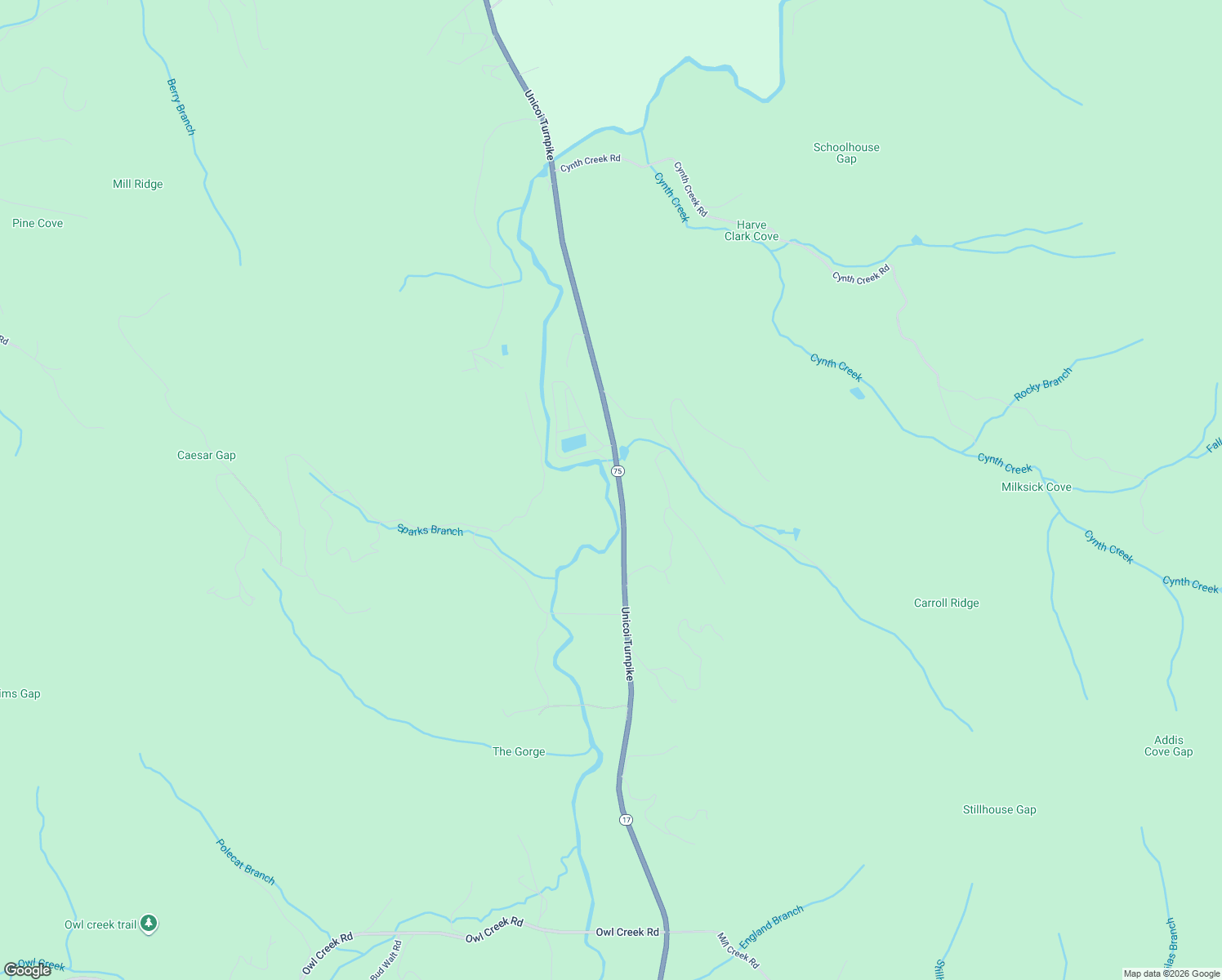 map of restaurants, bars, coffee shops, grocery stores, and more near 4185 Riverbank Run in Hiawassee